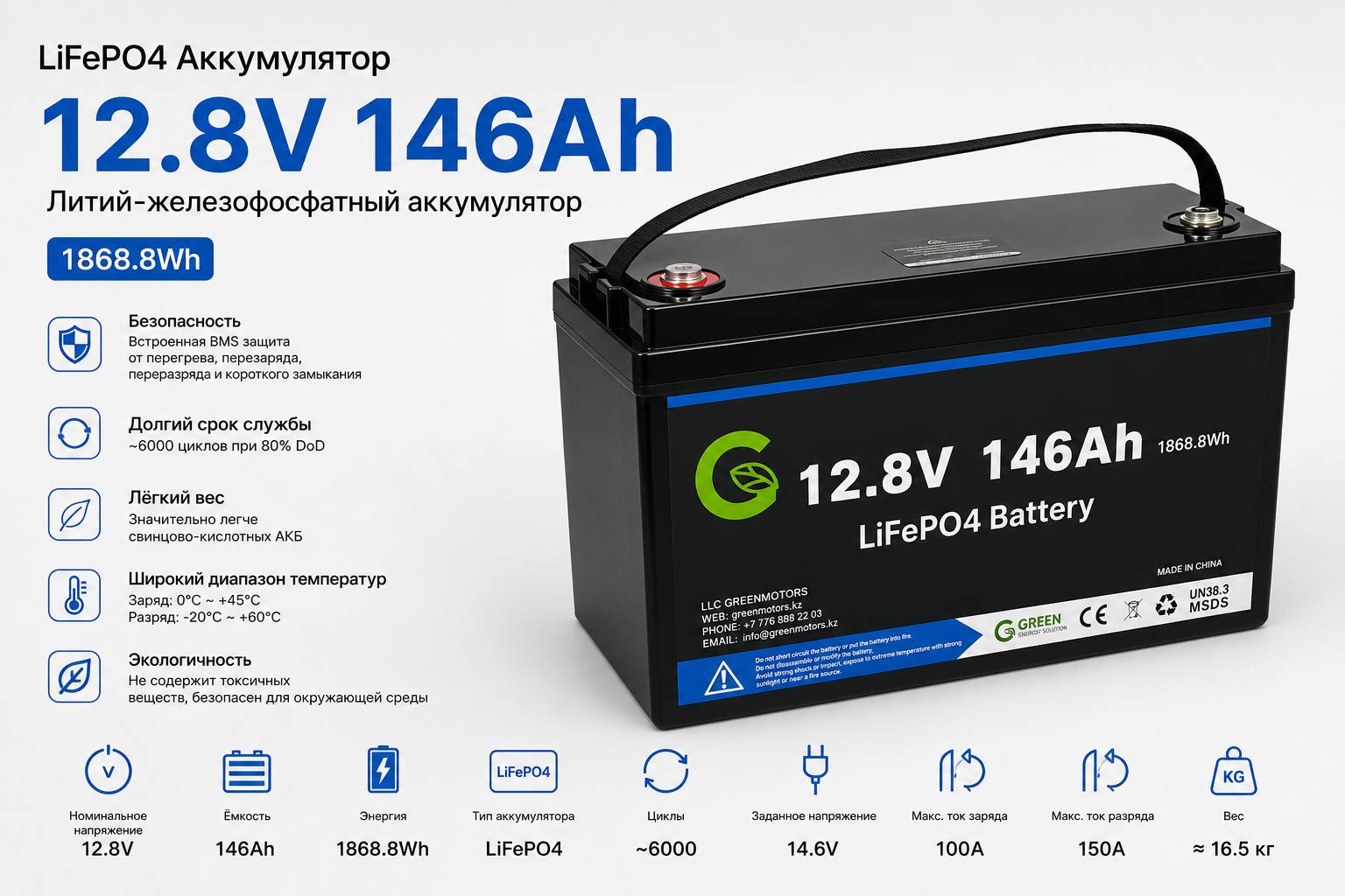 Аккумулятор Green Motors 12V 148Ah LiFePO4